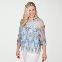 Alfred Dunner Out Of The Blue Womens Crew Neck 3/4 Sleeve T-Shirt