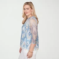 Alfred Dunner Out Of The Blue Womens Crew Neck 3/4 Sleeve T-Shirt