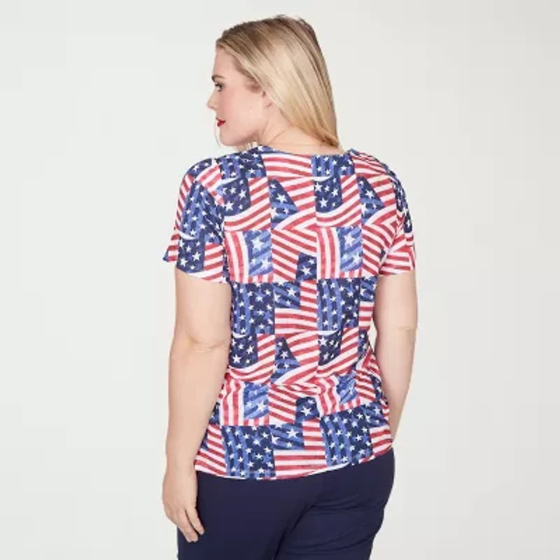Alfred Dunner Lady Liberty Womens Split Crew Neck Short Sleeve T-Shirt