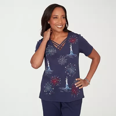 Alfred Dunner Lady Liberty Womens V Neck Short Sleeve T-Shirt