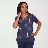 Alfred Dunner Lady Liberty Womens V Neck Short Sleeve T-Shirt