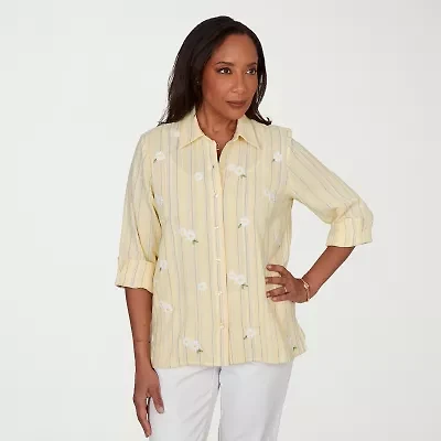 Alfred Dunner Out Of The Blue Womens 3/4 Sleeve Embroidered Blouse