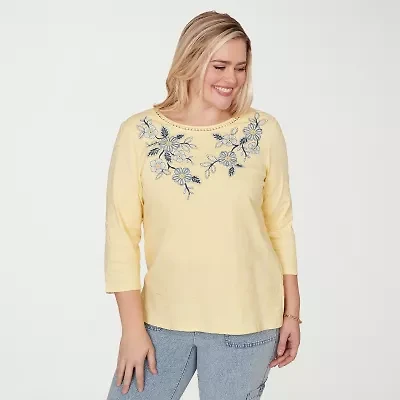 Alfred Dunner Out Of The Blue Womens Crew Neck 3/4 Sleeve T-Shirt