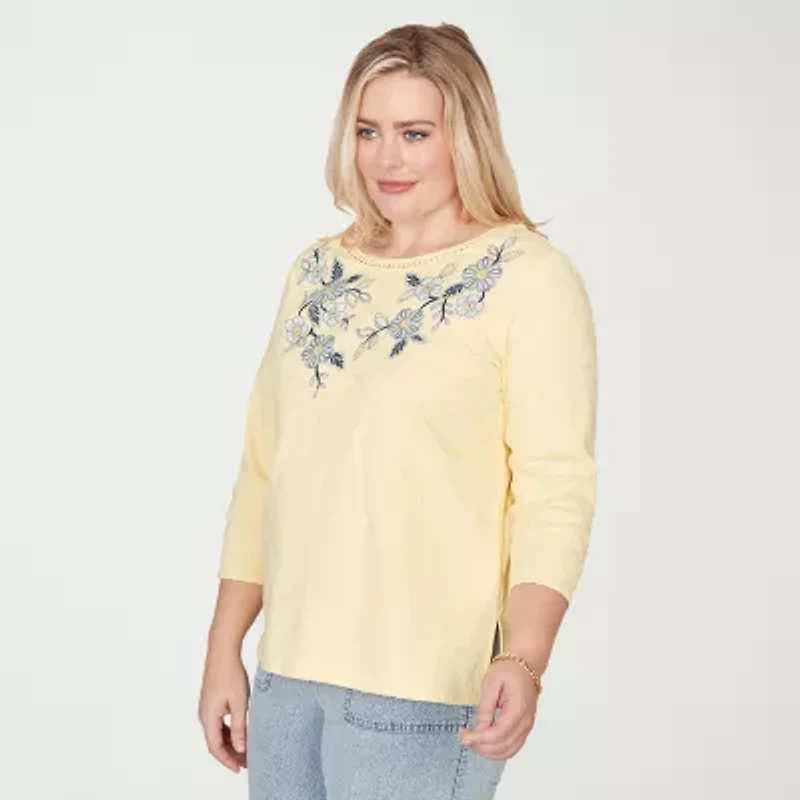 Alfred Dunner Out Of The Blue Womens Crew Neck 3/4 Sleeve T-Shirt