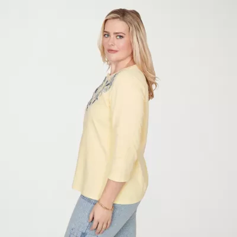 Alfred Dunner Out Of The Blue Womens Crew Neck 3/4 Sleeve T-Shirt