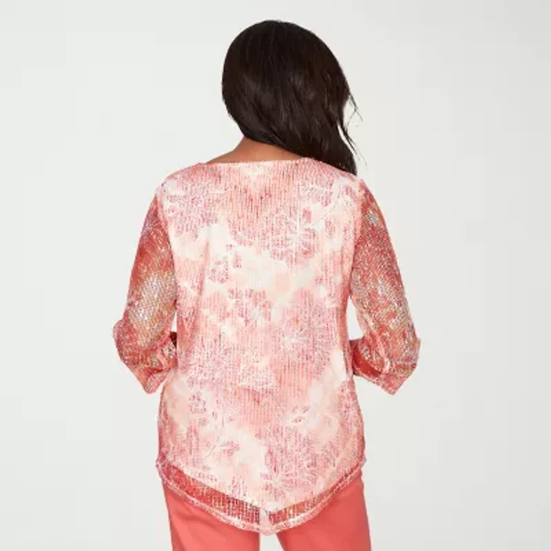 Alfred Dunner Resort Living Womens Crew Neck 3/4 Sleeve Blouse