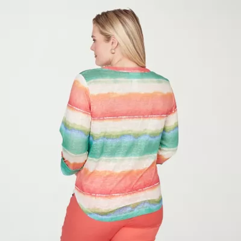 Alfred Dunner Resort Living Womens Y Neck 3/4 Sleeve T-Shirt