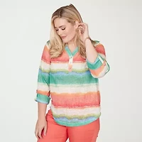 Alfred Dunner Resort Living Womens Y Neck 3/4 Sleeve T-Shirt