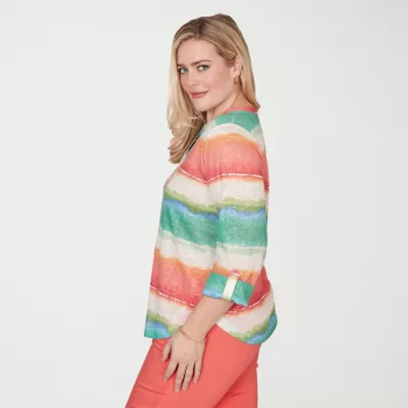 Alfred Dunner Resort Living Womens Y Neck 3/4 Sleeve T-Shirt