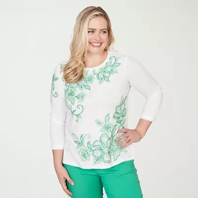 Alfred Dunner Resort Living Womens Crew Neck 3/4 Sleeve T-Shirt