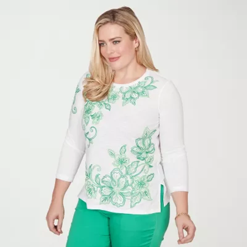 Alfred Dunner Resort Living Womens Crew Neck 3/4 Sleeve T-Shirt