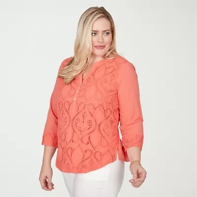 Alfred Dunner Resort Living Womens Split Crew Neck 3/4 Sleeve Lace Lined Blouse