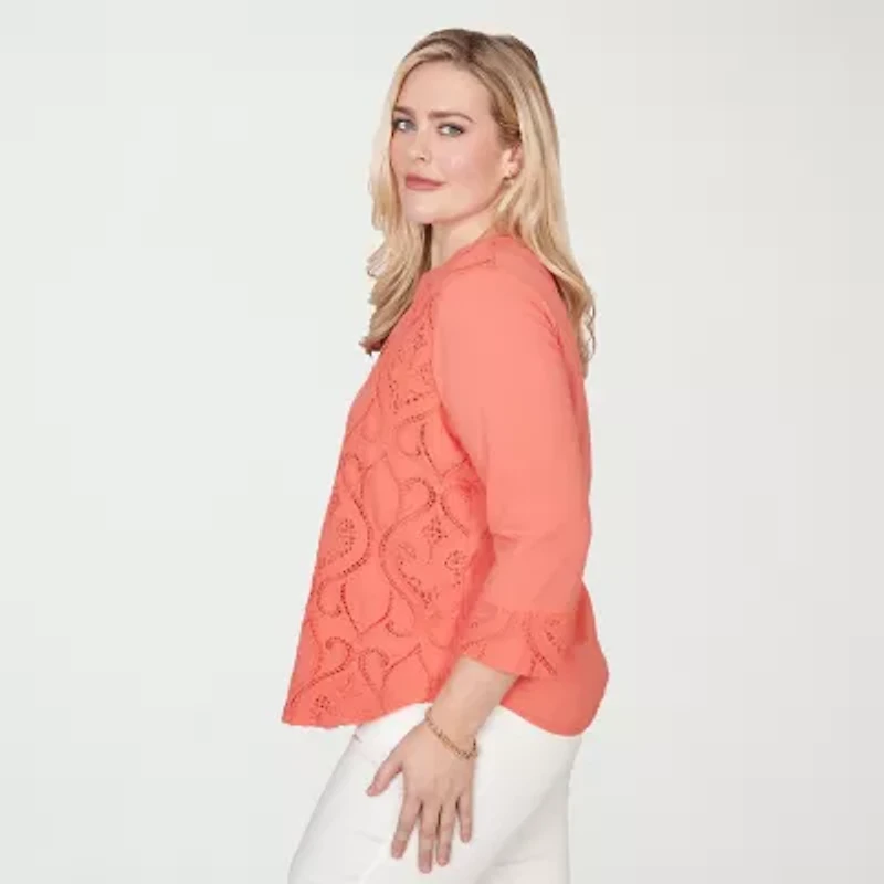 Alfred Dunner Resort Living Womens Split Crew Neck 3/4 Sleeve Lace Lined Blouse