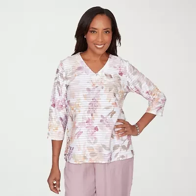 Alfred Dunner Vintage Charm Womens V Neck 3/4 Sleeve T-Shirt