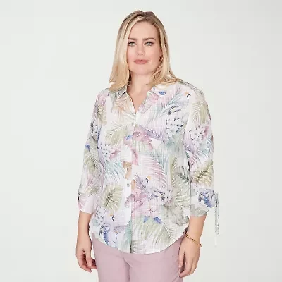 Alfred Dunner Vintage Charm Womens 3/4 Sleeve Regular Fit Button-Down Shirt