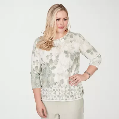 Alfred Dunner Vintage Charm Womens Crew Neck 3/4 Sleeve T-Shirt