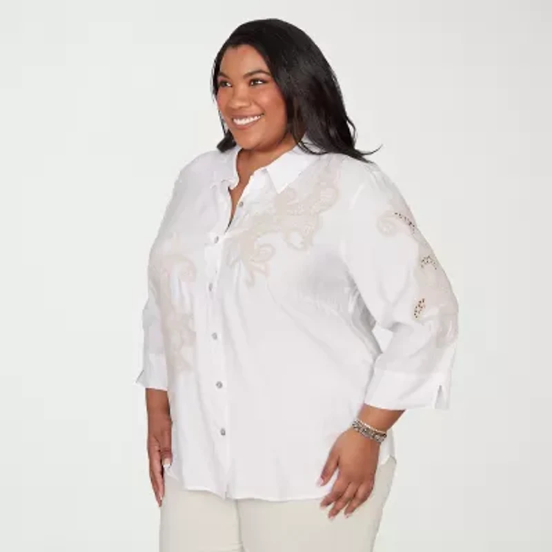 Alfred Dunner Natural Wonder Womens Plus 3/4 Sleeve Blouse