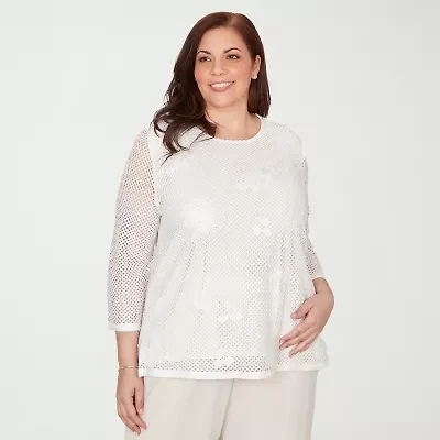 Alfred Dunner Womens Plus Crew Neck 3/4 Sleeve T-Shirt