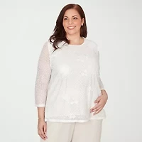 Alfred Dunner Womens Plus Crew Neck 3/4 Sleeve T-Shirt