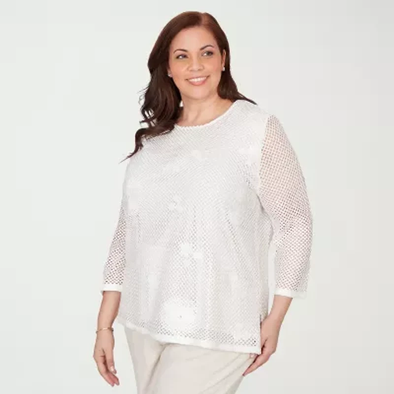 Alfred Dunner Womens Plus Crew Neck 3/4 Sleeve T-Shirt