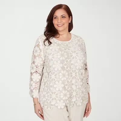 Alfred Dunner Womens Plus Crew Neck 3/4 Sleeve T-Shirt