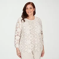 Alfred Dunner Womens Plus Crew Neck 3/4 Sleeve T-Shirt