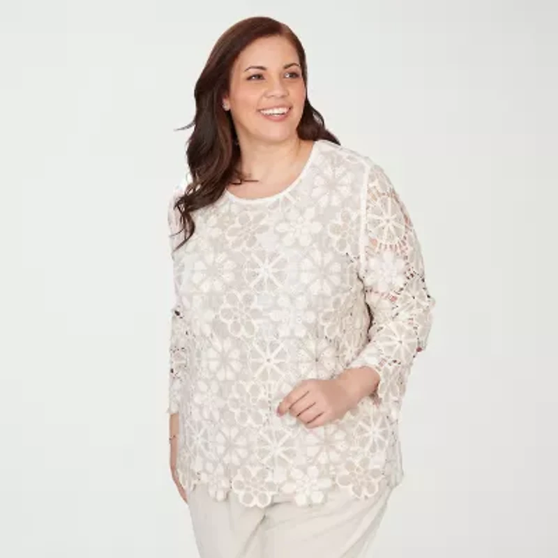 Alfred Dunner Womens Plus Crew Neck 3/4 Sleeve T-Shirt