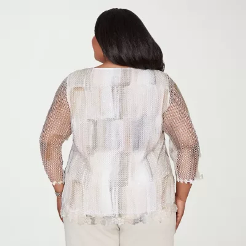 Alfred Dunner Womens Plus Round Neck 3/4 Sleeve T-Shirt