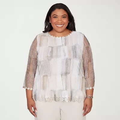 Alfred Dunner Womens Plus Round Neck 3/4 Sleeve T-Shirt