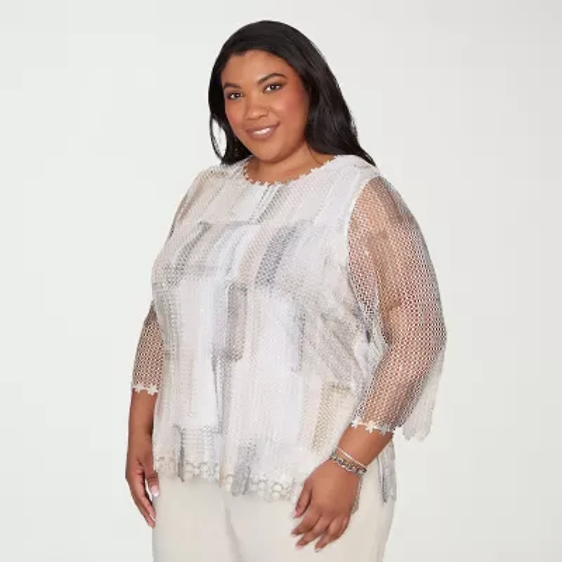 Alfred Dunner Womens Plus Round Neck 3/4 Sleeve T-Shirt