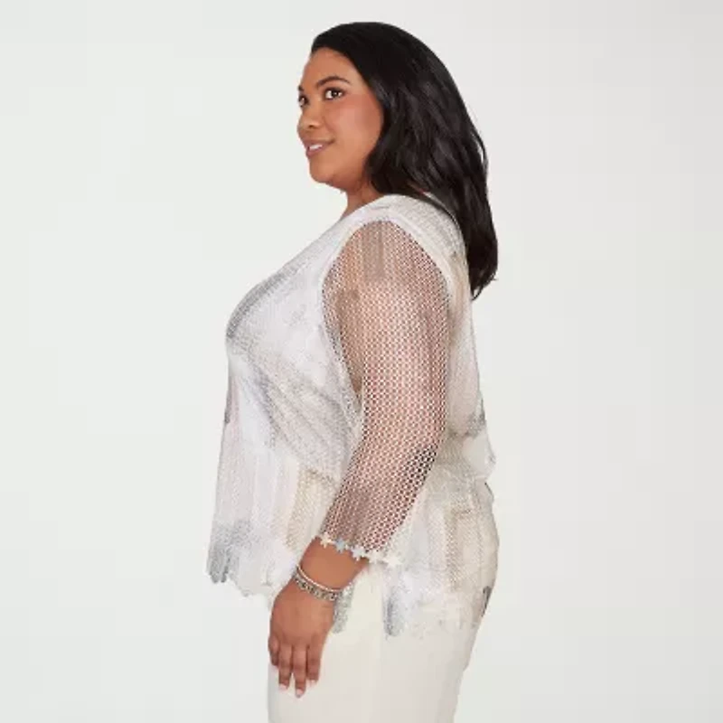 Alfred Dunner Womens Plus Round Neck 3/4 Sleeve T-Shirt