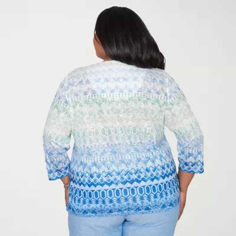 Alfred Dunner Womens Plus Split Crew Neck 3/4 Sleeve T-Shirt