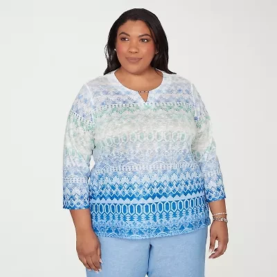 Alfred Dunner Womens Plus Split Crew Neck 3/4 Sleeve T-Shirt