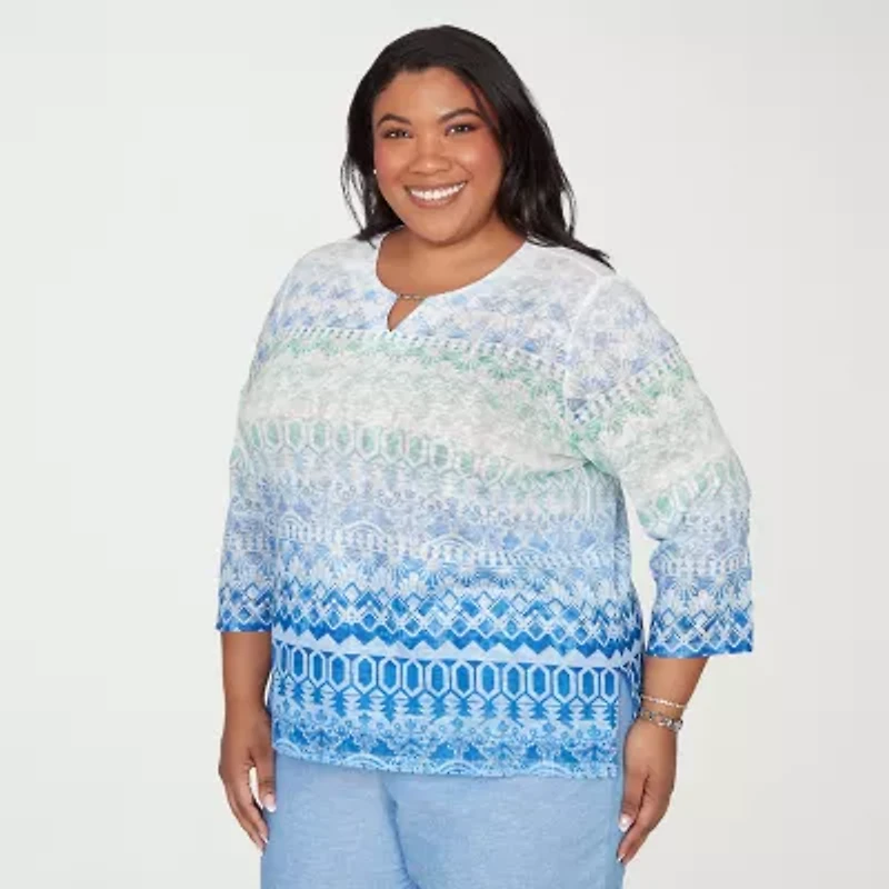 Alfred Dunner Womens Plus Split Crew Neck 3/4 Sleeve T-Shirt