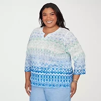 Alfred Dunner Womens Plus Split Crew Neck 3/4 Sleeve T-Shirt