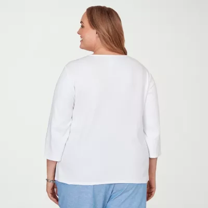 Alfred Dunner Womens Plus Crew Neck 3/4 Sleeve T-Shirt