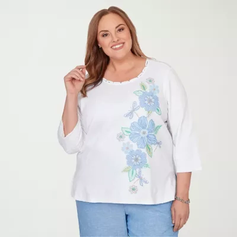 Alfred Dunner Womens Plus Crew Neck 3/4 Sleeve T-Shirt