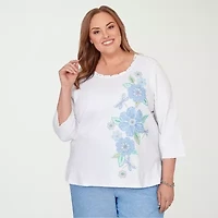 Alfred Dunner Womens Plus Crew Neck 3/4 Sleeve T-Shirt
