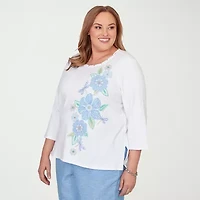Alfred Dunner Womens Plus Crew Neck 3/4 Sleeve T-Shirt