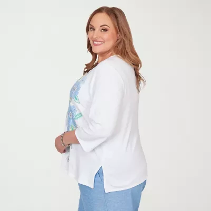 Alfred Dunner Womens Plus Crew Neck 3/4 Sleeve T-Shirt