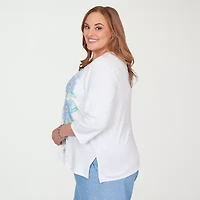 Alfred Dunner Womens Plus Crew Neck 3/4 Sleeve T-Shirt