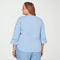 Alfred Dunner Womens Plus Keyhole Neck Bell 3/4 Sleeve Embroidered Button-Down Shirt