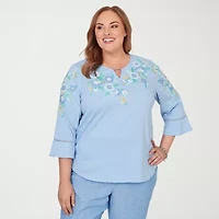 Alfred Dunner Womens Plus Keyhole Neck Bell 3/4 Sleeve Embroidered Button-Down Shirt