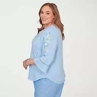 Alfred Dunner Womens Plus Keyhole Neck Bell 3/4 Sleeve Embroidered Button-Down Shirt