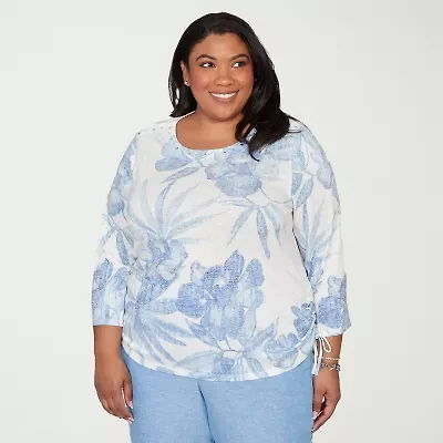 Alfred Dunner Caribbean Blues Womens Plus Round Neck 3/4 Sleeve T-Shirt