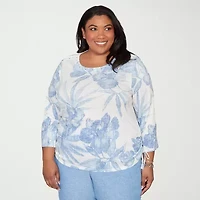 Alfred Dunner Caribbean Blues Womens Plus Round Neck 3/4 Sleeve T-Shirt