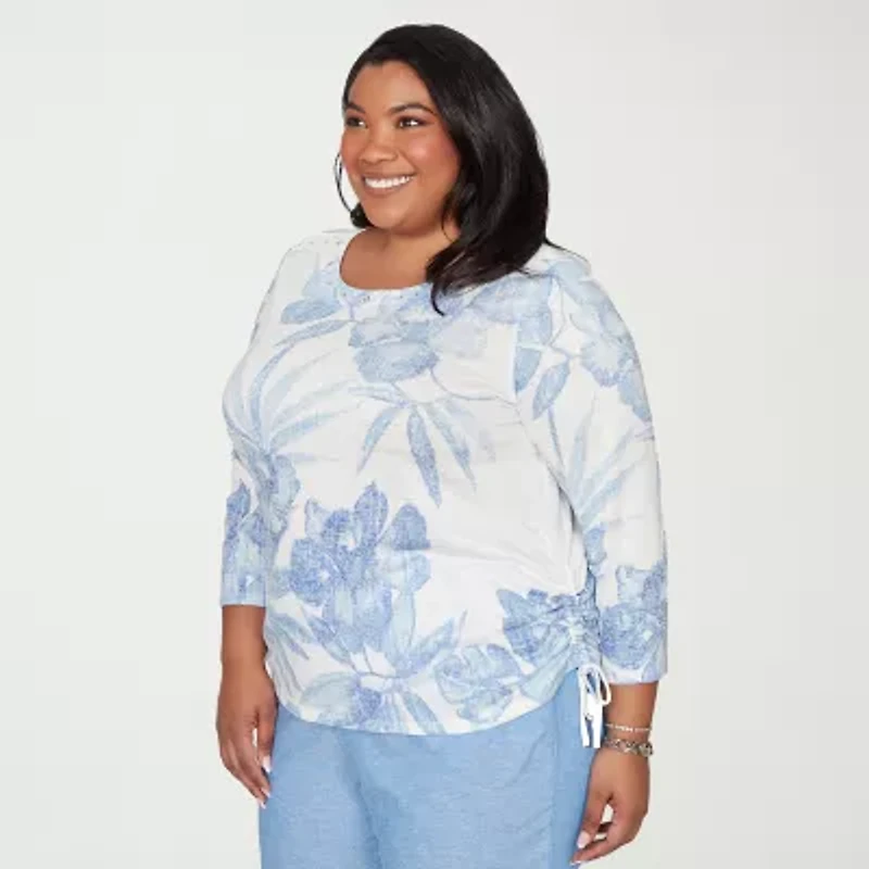 Alfred Dunner Caribbean Blues Womens Plus Round Neck 3/4 Sleeve T-Shirt