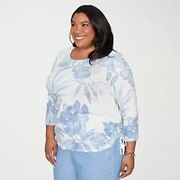 Alfred Dunner Caribbean Blues Womens Plus Round Neck 3/4 Sleeve T-Shirt