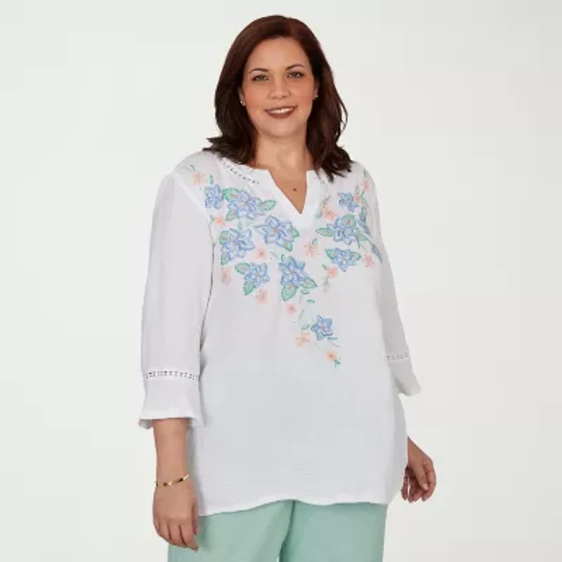 Alfred Dunner Womens Plus Split Crew Neck 3/4 Sleeve Blouse