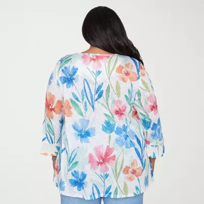 Alfred Dunner Caribbean Blues Womens Plus Crew Neck 3/4 Sleeve T-Shirt